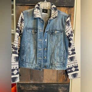 BDG Denim Jacket with Patterned Sleeves South west look. Womens large like new